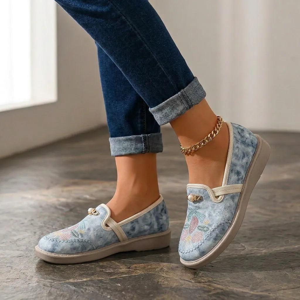 BloomVelvet™ Embroidered Flats - Light Blue